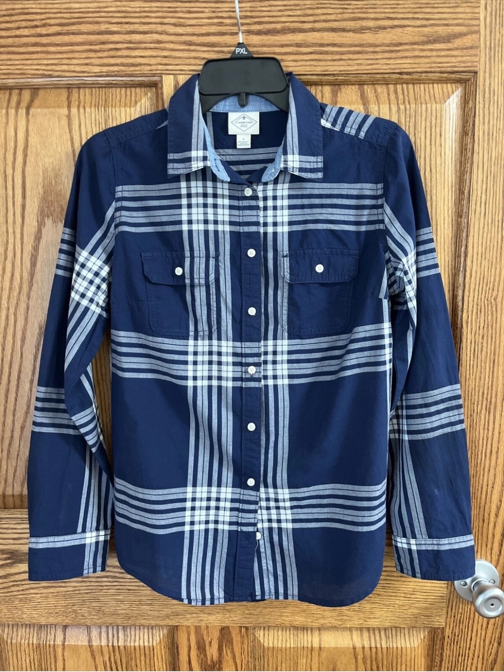 St. John's Bay Navy and White Plaid Button-Down Shirt